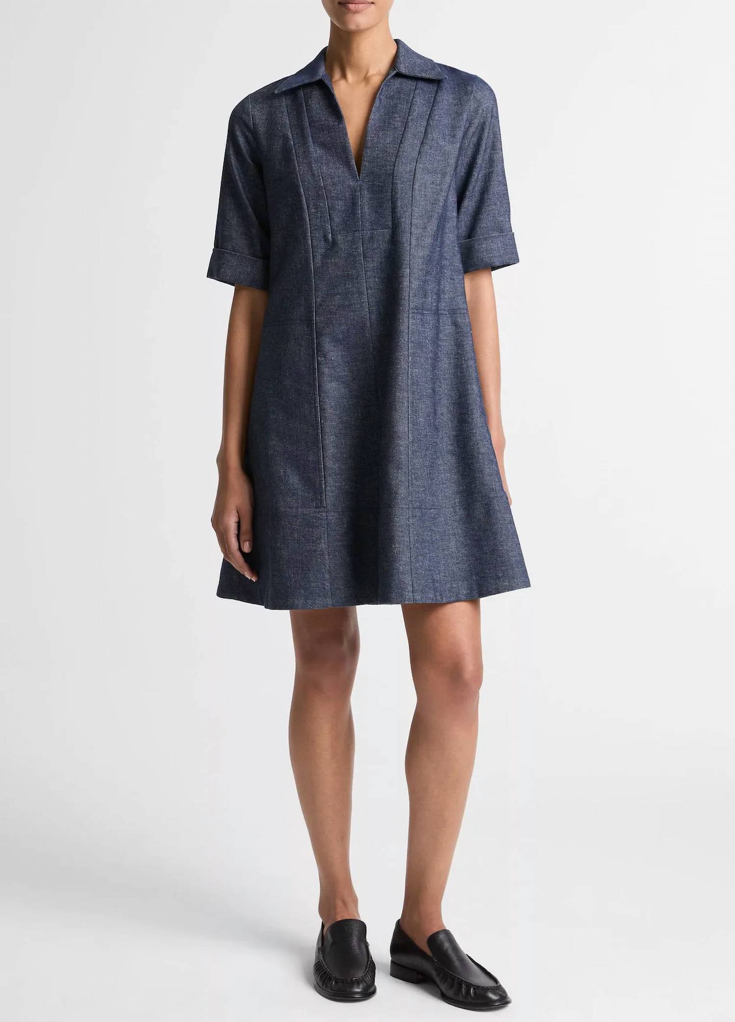 New Vince Cotton-Linen Chambray A-Line Dress In Indigo